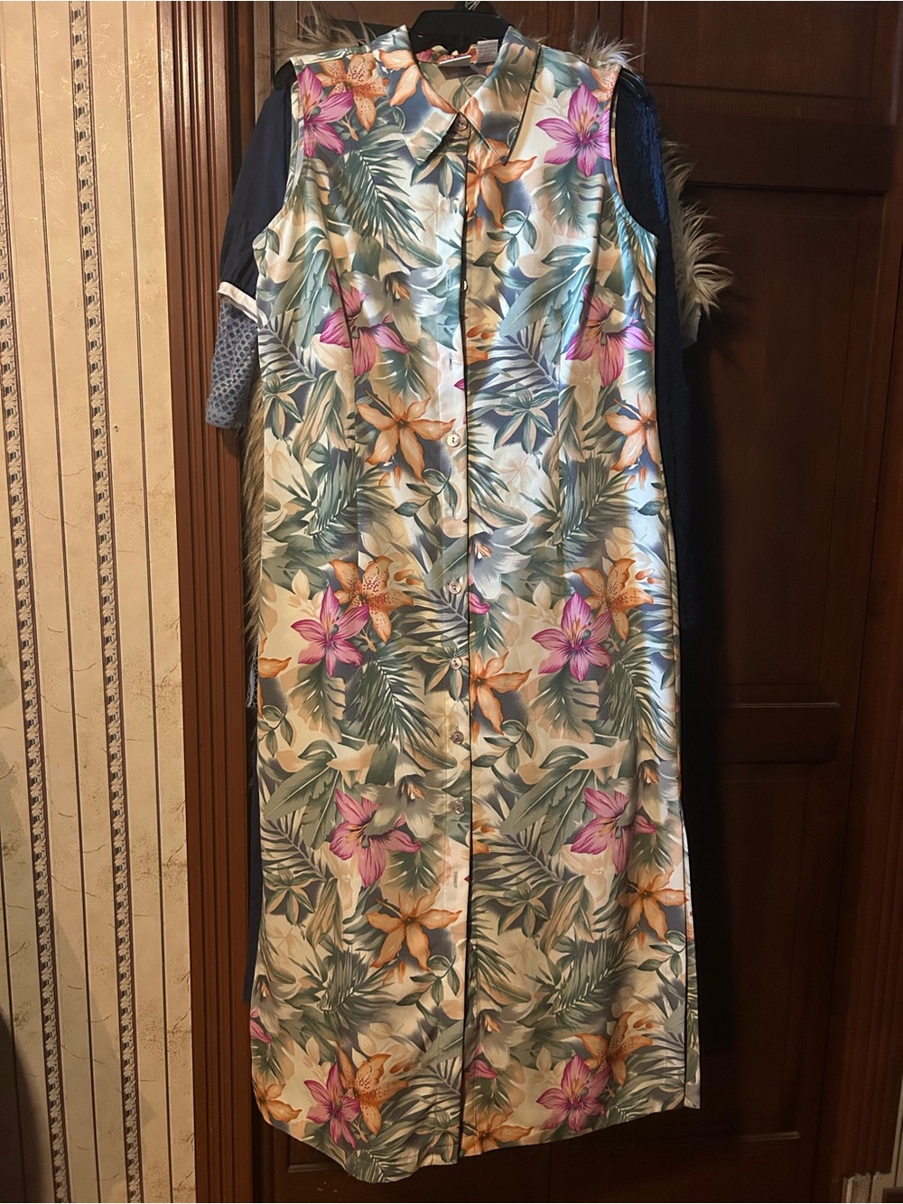 Tropical Floral Sleeveless Shirt Dress - Cream with Pink & Orange Flowers